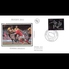 FDC soie - Rugby 2011, timbre argent, oblit 8/7/2011 Paris