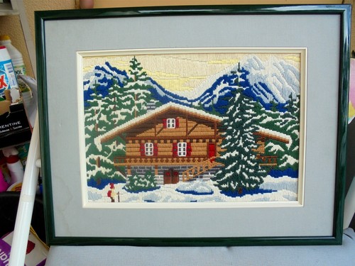 Ancien tableau brode chalet - ancien,