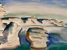 Très Belle peinture aquarelle Papier Laszlo Barta 1934 Fauve Ajaccio Corse Mer