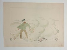 ... ! ... !E. Gabard vers 1940 Estampe en couleur Pays Basque Animaux Automobile