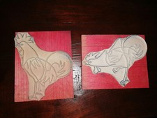 2 grands tampons encreurs anciens, coqs, école, imprimerie