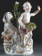 Samson Figurine Hiver et printemps Groupe porcelaine putti angelots signé 23 cm