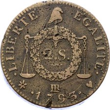 O2192 RARE Convention 2 sols à la balance An II 1793 BB Strasbourg ->Make offer