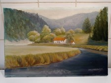 tableau toile 40x27cm maison de campagne signé J. Dubois