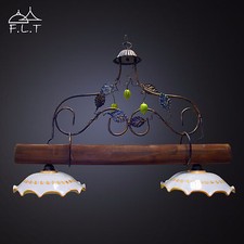 Lustre Barbell Rustique 2 Lumières Fer Forgé Céramique Bois Modèle Citrons