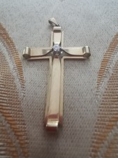 Vintage French 18K Yellow Gold Cross with Centre Diamond Pendant