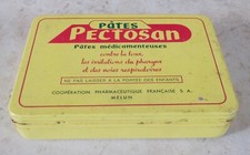 Ancienne Boite métal médicament PATES PECTOSAN vintage vtg jaune 1970s