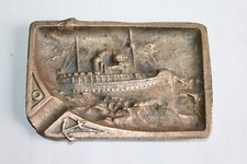 Ancien petit cendrier vide poche en bronze doré, scène bateau, mer, dim. 12.5x8