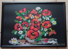 BOUQUET COQUELICOTS HUILE SUR PAPIER ART TABLEAU PEINTURE JUMEAUX JEAN PIERRE