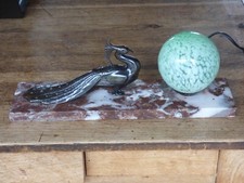 LAMPE VEILLEUSE ART DECO  PAON EN REGULE SUR MARBRE BOULE CLICHY VERTE VINTAGE