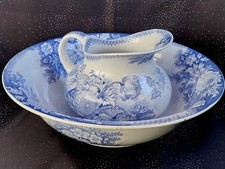 CUVETTE ET BROC DE TOILETTE, JARDINIERE,FAÏENCE UC ET DIGOIN SARREGUEMINES, BLEU