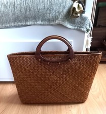 SAC en PAILLE EPAISSE + POIGNEES en BOIS -SAC DOUBLE DE TOILE à CARREAUX + ZIP