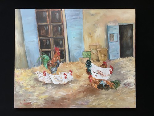 Tableau peinture poules coq - tableau,