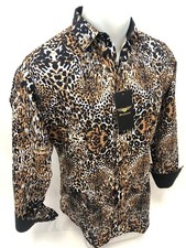 Hommes Premiere Manches Longues Chemise Bouton Marron Léopard Imprimé Tigre Nwt