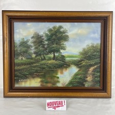 ➜TABLEAU PEINTURE À L'HUILE SIGNÉ paysage pastoral de campagne rural arbres/lac