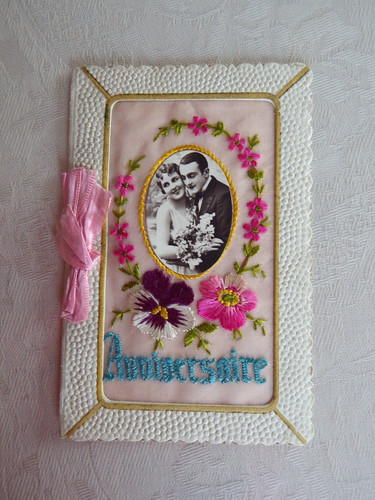 Ancienne carte postale - carte, brodée