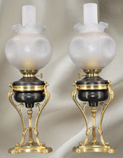 Paire de Lampe Bouillotte à Pétrole & Globe en Pâte de Verre Poli Napoléon lll