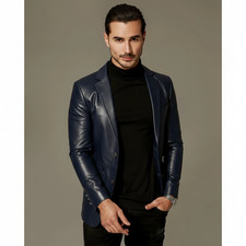 Blazer En Cuir Bleu Marine