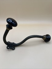 Ancienne Patère Ciselé Laiton Porte Chapeau Cabochon Porcelaine Noir 19ème