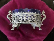 jardiniere Napoléon III,métal argenté verrine bleue,20x9xH 10cm,P 650g