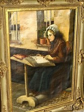 Tableau signé F. AUTOME . La Dentellière. Peinture huile sur toile.