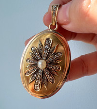 Victorian 18K Gold Diamond natural Pearl Daisy Locket Pendant