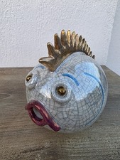 Ceramique Craquelée Style Raku Poisson Globe Signée TOM 06