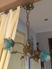 lustre Angelot En Bronze, 2 Tulipes Pétales En Payé De Verre