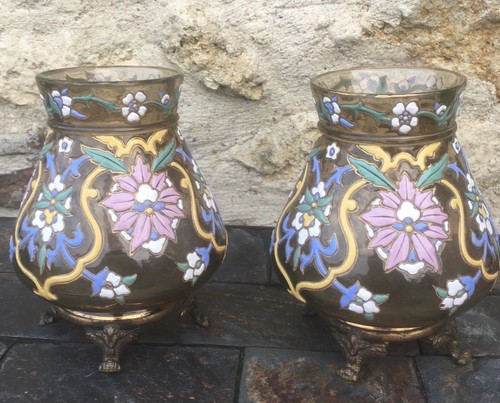 Paire vases verre emaille - verre,