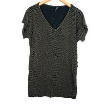 Morgan Robe Femme S Noir Doré Chevron Polyester Col V Élégante Manches Courtes