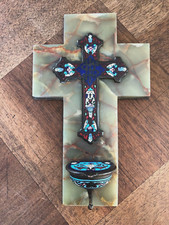 ANCIEN JOLI BÉNITIER EN ÉMAUX CLOISONNÉS, SUR ONYX OU ALBÂTRE