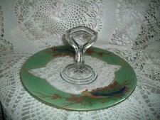VINTAGE REVERSE PAINTED GLASS SERVING PLATE WITH HANDLE HAND PAINTED BIRDS