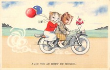 CPA FANTAISIE REPRESENTANT 2 CHATS HUMANISES SUR UNE MOTO / CAT / ILLUSTRATEUR