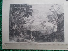 Nicolas Poussin  gravure originale paysage avec une femme se lavant les pieds