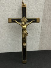 Ancien Crucifix Croix Pendentif en Bronze ou Laiton et Bois Ebène
