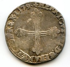 Henri III (1574-1589) Quart écu croix de face 1579 9 Rennes