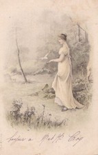 CPA ART  Jeune Femme en Robe blanche avec Colombe 1904