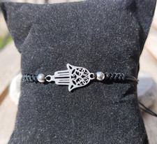 Bracelet en cordon ciré réglable  pendentif acier Inoxydable main de Fatma #84