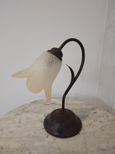 Lampe de Table, Col de cygne , Métal Patiné, Abat-Jour Tulipe en Pâte de Verre