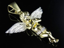 Men's 10K Yellow Gold Praying Angel Genuine Diamond Pendant Charm 0.88ct 1.8"