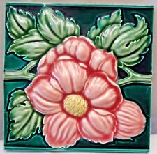 Ancien Carreau Haut en Relief Rose Fleur Design Art Nouveau Majolique Japon Rose