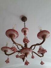 Lustre ancien CAPODIMONTE  bronze doré   porcelaine , roses  barbotine, 5  feux 