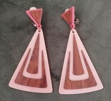 BOUCLES D'OREILLE A CLIPS VINTAGE PLASTIQUE Rose Et Bois ANNEES 90