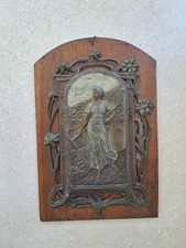 Plaque Ancienne Art Déco Art Nouveau Metal Sculpté Femme  Motif Floraux Végétaux