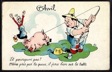 BX182 1er AVRIL APRIL FOOLS FISHER MAN PIG Piglet