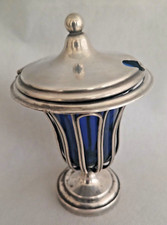 Superbe ancien confiturier moutardier en argent? et contenant en verre bleu nuit