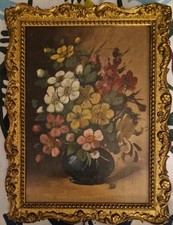 Tableau ancien - Nature morte fleurs - Huile sur panneau - Cadre doré
