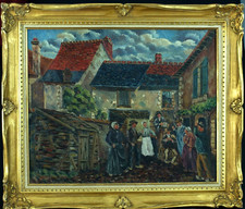 Tableau ancien Danse Musique Bal Auvergne Cabrette accordéon  village R.  Besse