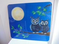 Plateau crédence verre plexiglass bleu motif hibou 55 x 50 cm Tbe