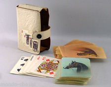 2 ANCIENS JEUX DE 54  CARTES dans leur étui en cuir d'origine, motif chevaux